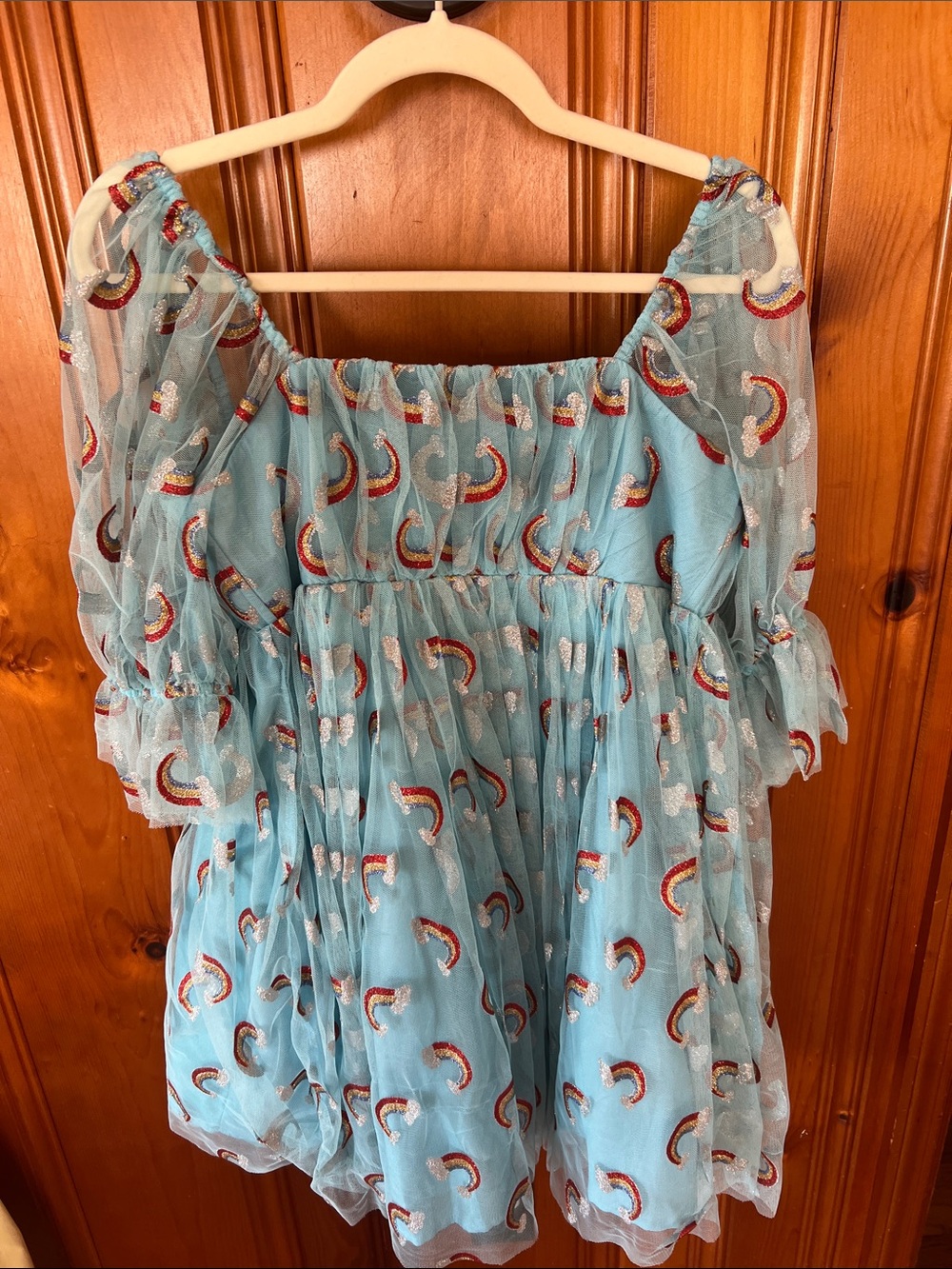 Blue Rainbow Mesh Puff-Sleeve Dress